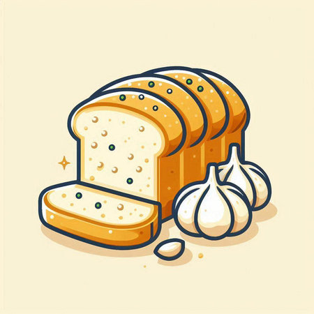 Illustration of a loaf of bread, garlic and butter on a light backgroundのイラスト素材