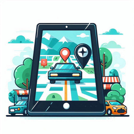 Smartphone with GPS navigation app on screen. Vector illustration in flat styleのイラスト素材