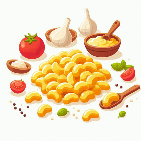 Illustration of macaroni and ingredients for cooking on a white backgroundのイラスト素材