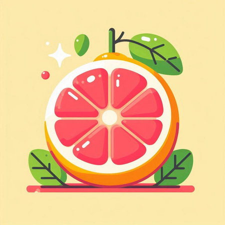 Citrus fruit vector illustration. Half of grapefruit with leaves.のイラスト素材