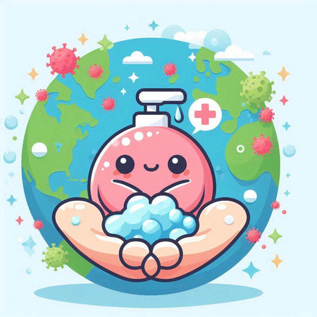 Illustration of a Cute Hand Sanitizer Washing His Handsのイラスト素材