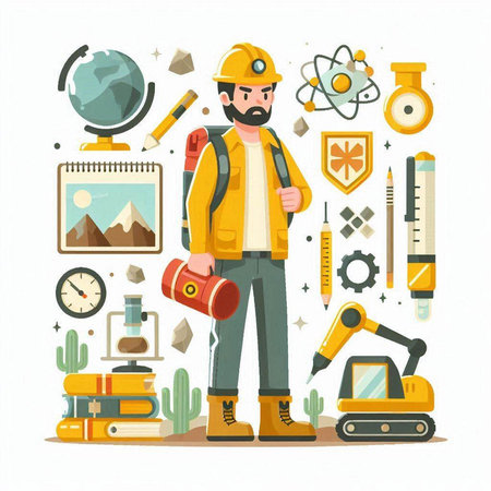 Engineer with tools and equipment. Vector illustration in flat style.のイラスト素材