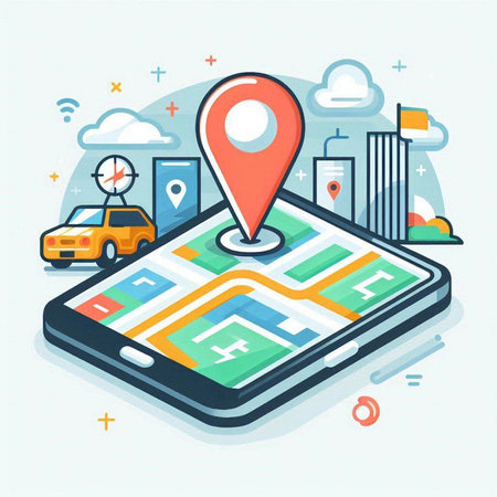 Smartphone with city map and GPS navigation. Vector illustration in flat styleのイラスト素材