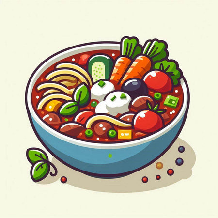 Illustration of a bowl of asian noodle soup with vegetablesのイラスト素材