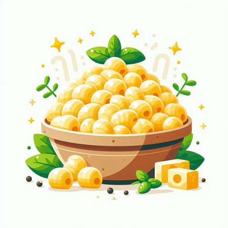 Illustration of a bowl of macaroni with cheese and herbsのイラスト素材