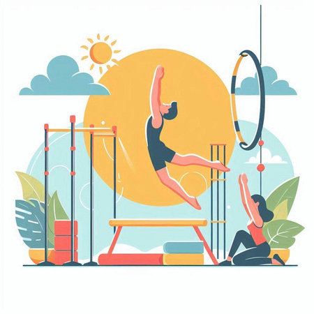 Gymnast girl doing exercise on gymnastic ring. Vector illustrationのイラスト素材