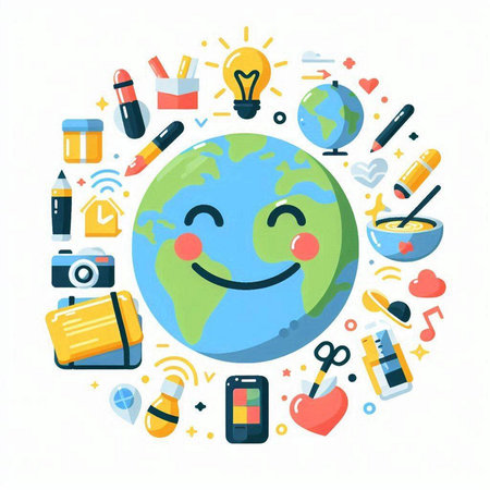 Vector flat cartoon illustration of happy planet earth with social media icons.のイラスト素材