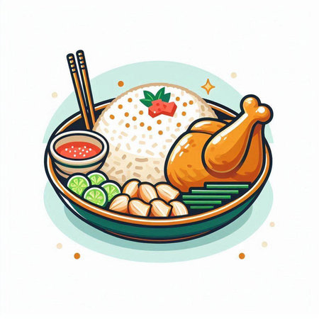 Illustration of rice bowl with chicken and vegetables on white background.のイラスト素材