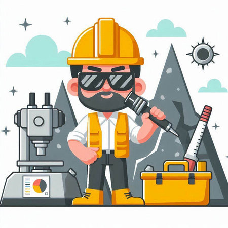 Worker with a drill and tools. Vector illustration in cartoon styleのイラスト素材