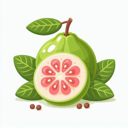Guava fruit with leaves. Vector illustration isolated on white background.のイラスト素材