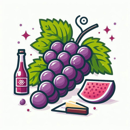Grapes, wine and cheese on white background. Vector illustration.のイラスト素材