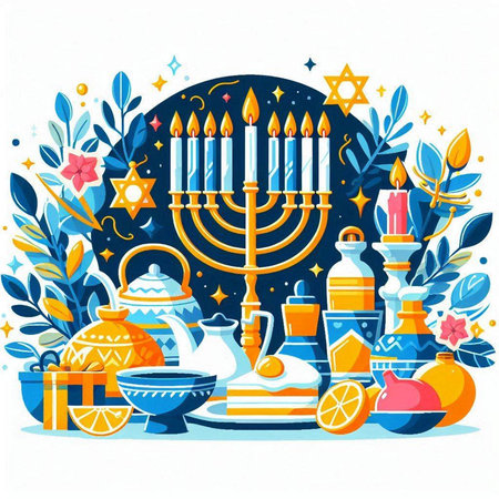 Happy Hanukkah greeting card with menorah, candelabra, donuts, candles, shofar, star of David and other holiday symbols. Vector illustration.のイラスト素材