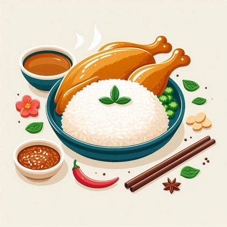 Rice with chicken and sauce. Vector illustration of Chinese cuisine.のイラスト素材