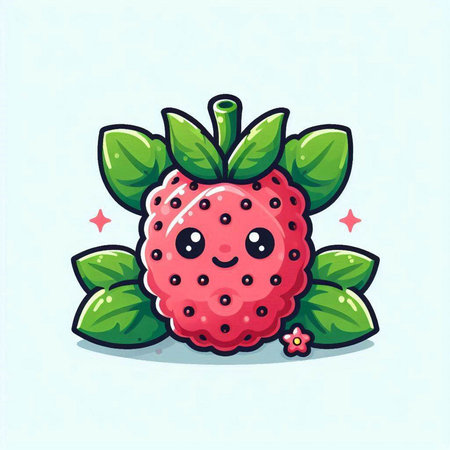 Cute cartoon strawberry character with flowers and leaves. Vector illustration.のイラスト素材