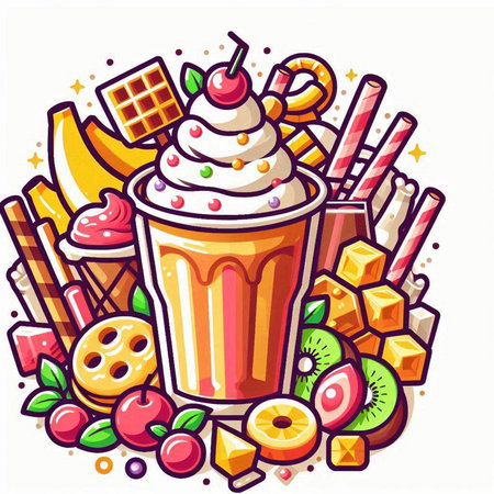 Milkshake with ice cream, fruits and sweets. Vector illustration.のイラスト素材