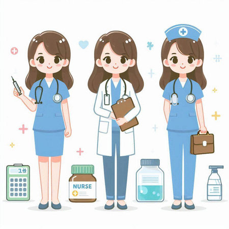 Nurse and medical icons set. Cartoon illustration of nurse and medical icons set.のイラスト素材
