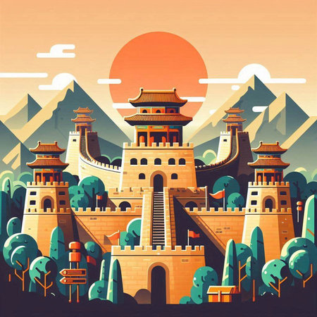 Landscape of the ancient Chinese city. Vector illustration in flat styleのイラスト素材
