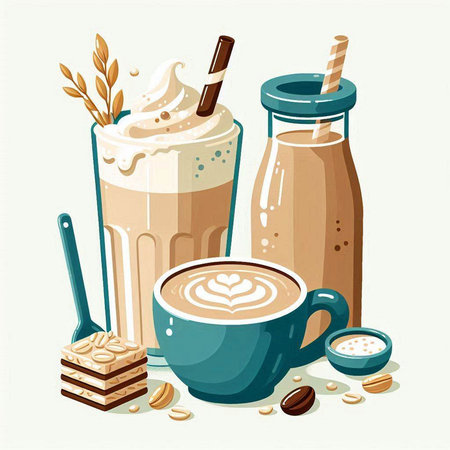 Coffee and chocolate milkshake with whipped cream. Vector illustrationのイラスト素材