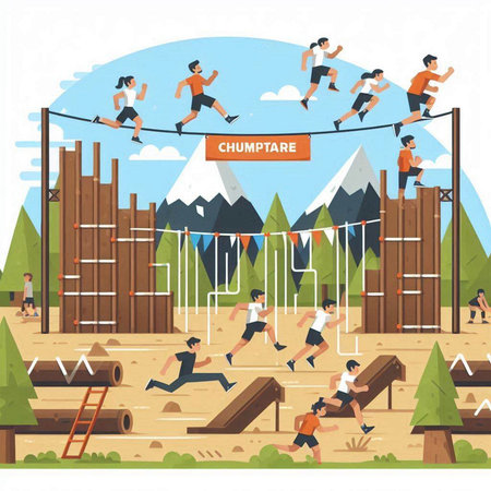Jumping people flat color vector illustration. Men and women jogging on rope in park.のイラスト素材