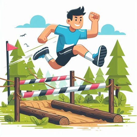 Vector illustration of a man jumping over obstacle in the park. Cartoon style.のイラスト素材