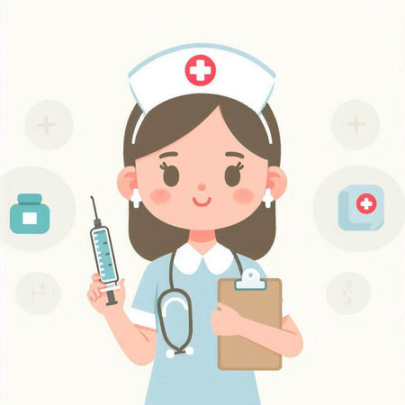 Nurse with syringe in hand and medical icons vector illustration.のイラスト素材