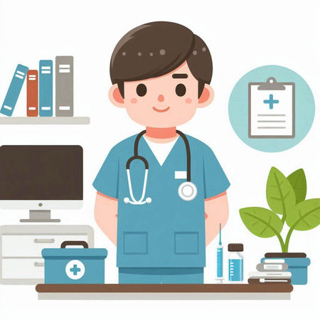 Male doctor with stethoscope in the office. Vector illustration.のイラスト素材