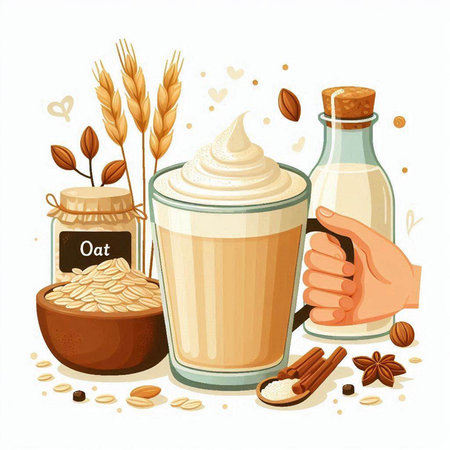 Almond milk in a glass and ingredients for making it. Vector illustration.のイラスト素材