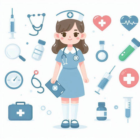 Cute little nurse with medical icons. Vector illustration in cartoon style.のイラスト素材