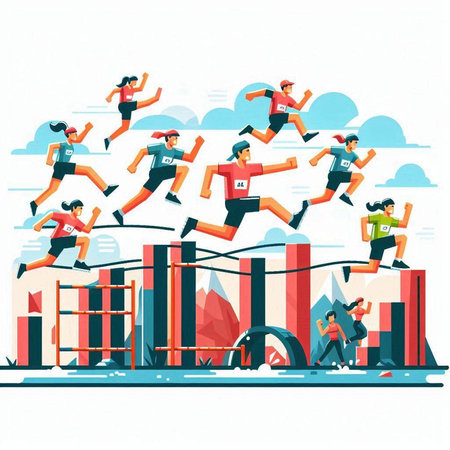 People running in the city. Vector illustration in flat cartoon style.のイラスト素材