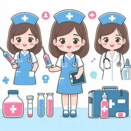 Nurse and set of medical icons in cartoon style. Vector illustration.のイラスト素材