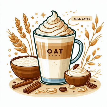 Coffee with whipped cream in a glass cup with grains and cinnamon. Vector illustration.のイラスト素材