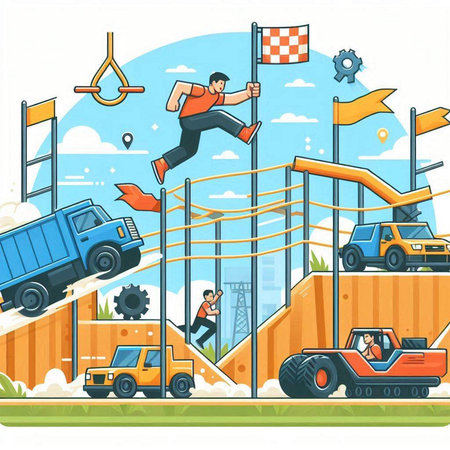Cartoon vector illustration of a road construction site with workers and trucksのイラスト素材
