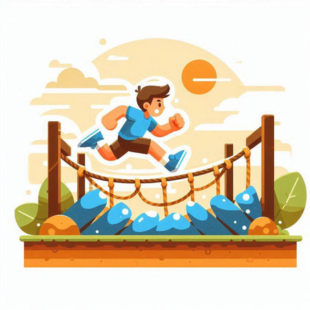 Sporty man running on rope course. Healthy lifestyle. Vector illustration in cartoon styleのイラスト素材