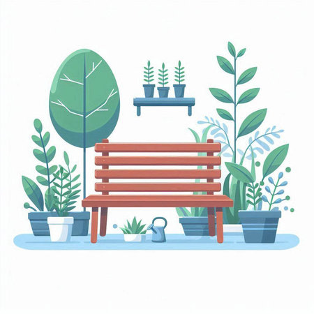 Wooden bench in the park with plants. Flat vector illustration.のイラスト素材