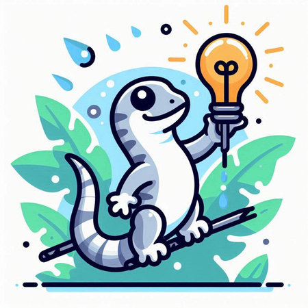 Vector illustration of a lizard with a light bulb in his hand.のイラスト素材