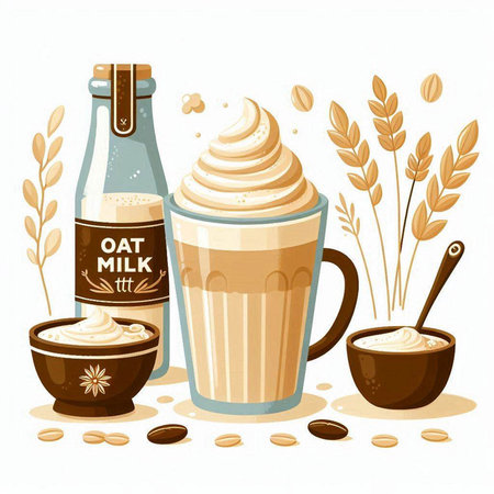 Coffee latte in glass and ingredients. Vector illustration.のイラスト素材
