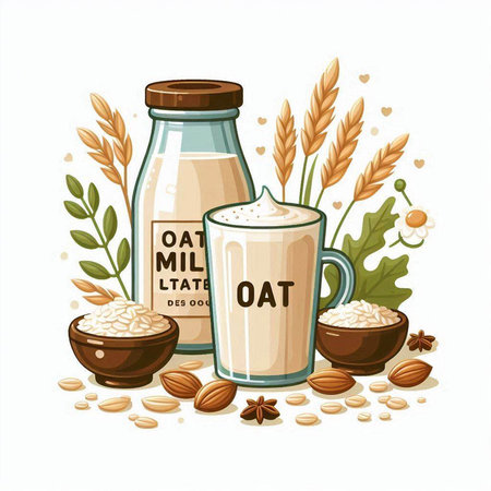 Oat milk in glass bottle with grains and nuts. Vector illustration.のイラスト素材
