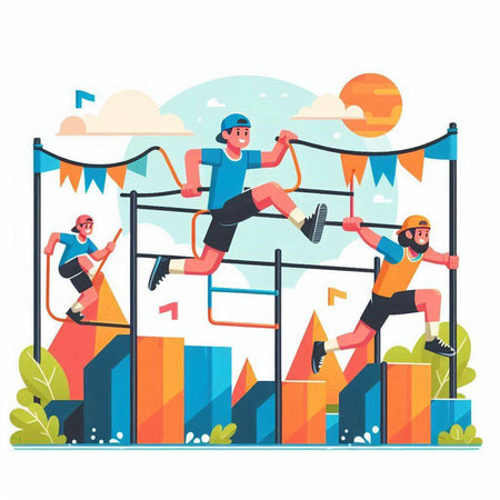 Sportive people running on obstacle course flat vector illustration. Cartoon male and female characters doing sport outdoor activities.のイラスト素材