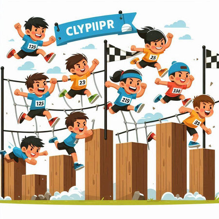 Vector illustration of a group of children running at the finish line.のイラスト素材