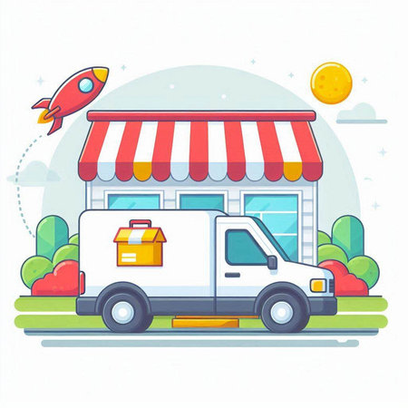 Fast food delivery service. Fast food truck. Vector illustration in flat styleのイラスト素材
