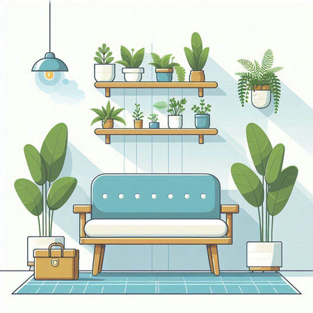 Modern living room interior with furniture and plants. Flat style vector illustration.のイラスト素材