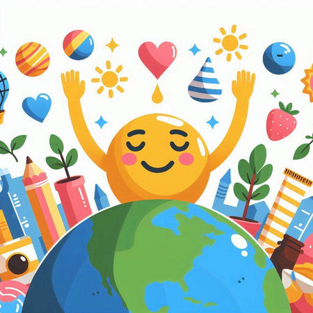 Vector illustration of a happy earth day with children and education objects aroundのイラスト素材