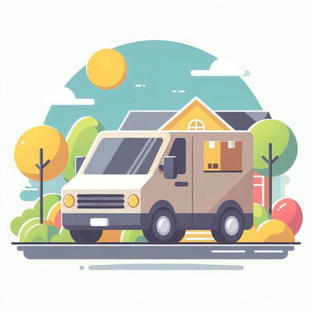 Vector illustration of a van on the road with trees and houses.のイラスト素材