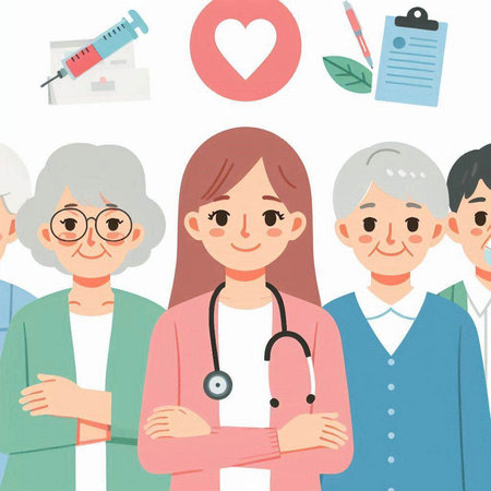 Doctor, nurse, nurse, doctor and elderly people. Vector illustration.のイラスト素材