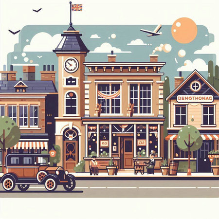 Town street with shops, cafes and restaurants. Vector illustration in flat styleのイラスト素材