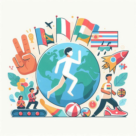 People running around the world, vector illustration in flat design style.のイラスト素材