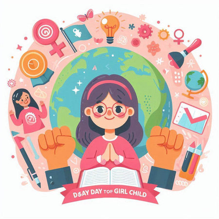International Day of Knowledge. Girl in glasses with a book in her hands. Vector illustration.のイラスト素材