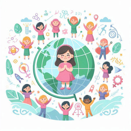 Vector illustration of children around the world. Cute little girls around the globe.のイラスト素材