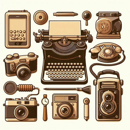 Vintage retro technology icons set. Vector illustration of old typewriter, camera, mobile phone, telephone and other equipment.のイラスト素材