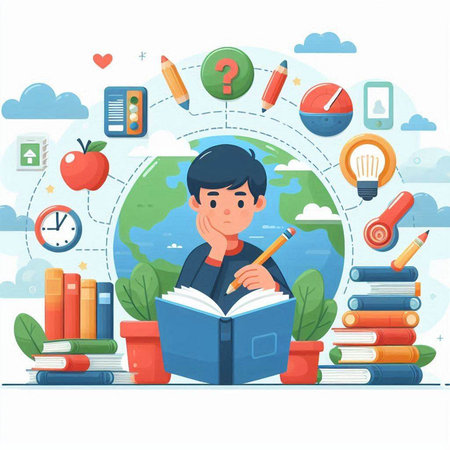 Boy with book and school supplies. Vector illustration in flat style.のイラスト素材